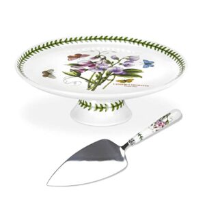 portmeirion botanic garden footed cake plate with server | 10 inch cake plate with sweet pea motif | made from porcelain | dishwasher and microwave safe
