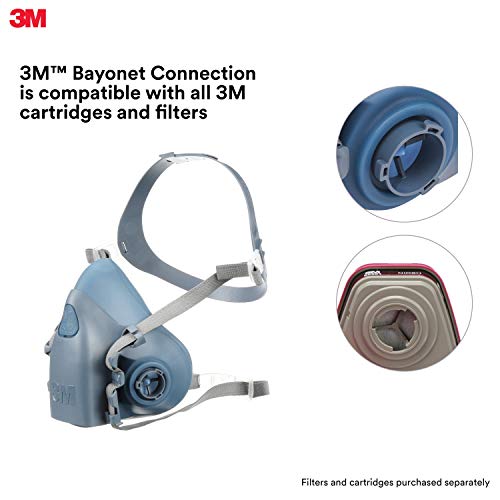 3M Reusable Respirator, Half Face Piece 7502, Use with Bayonet Cartridges/Filters (Not Included) for Gases, Vapors, Dust, Medium Size