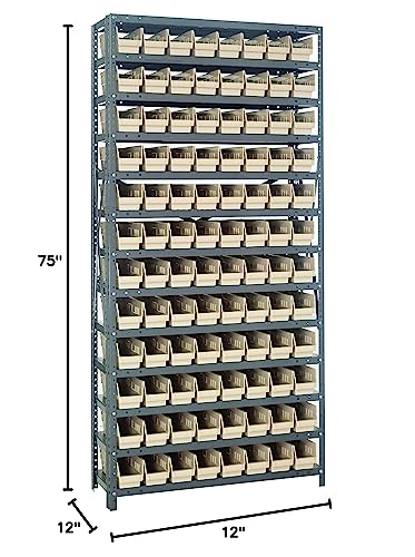 Quantum Storage Systems 1275-101IV Steel Shelving Unit with 4" Shelf Bins, 12" D x 36" W x 75" H, Ivory