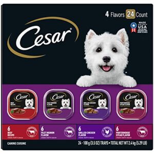 cesar wet dog food classic loaf in sauce beef recipe, filet mignon, grilled chicken and porterhouse steak variety pack, (24) 3.5 oz. easy peel trays