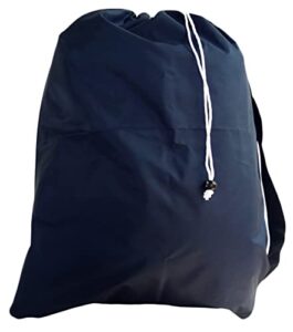 small laundry bag with drawstring, carry strap, lock closure, color: navy blue, size: 22x28