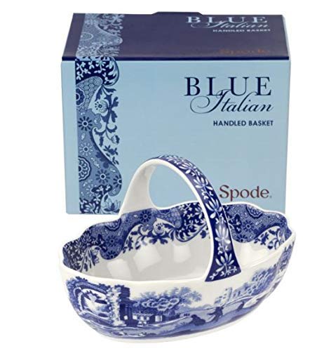 Spode Blue Italian Handled Basket | Fruit Bowl | Centerpiece for Potpourri | Home Décor | Made of Porcelain | Measures 6-Inches | Dishwasher Safe (Blue/White)