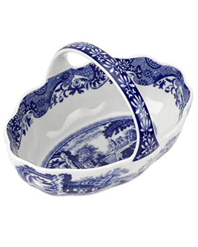 Spode Blue Italian Handled Basket | Fruit Bowl | Centerpiece for Potpourri | Home Décor | Made of Porcelain | Measures 6-Inches | Dishwasher Safe (Blue/White)