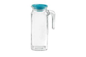 bormioli rocco glass frigoverre jug with teal airtight lid, 1 liter, pitcher with hermetic sealing, easy pour spout handle for water, juice, iced coffee & iced tea.