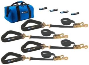 mac's tie-downs 511658 automotive pro strap kit (4 pack) - black, 10,000 lbs break strength 2" w x 8' l strap with direct hook end, 40" axle strap, fleece sleeve, strap wrap, (1) canvas storage bag