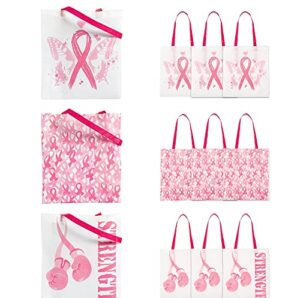 fun express large pink ribbon reusable tote bags (set of 12) breast cancer awareness supplies, 12" x 17" tote