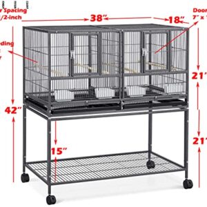 42" Stackable Center Divided Breeder Breeding Bird Flight Double Rolling Cage for Aviaries Canaries Cockatiels Lovebirds Finches Budgies Small Parrots (Black Vein, Single Story)