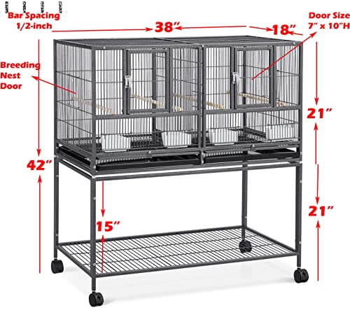 42" Stackable Center Divided Breeder Breeding Bird Flight Double Rolling Cage for Aviaries Canaries Cockatiels Lovebirds Finches Budgies Small Parrots (Black Vein, Single Story)