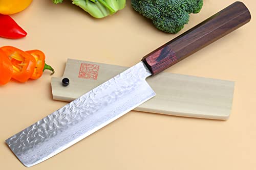 Yoshihiro VG-10 46 Layers Hammered Damascus Nakiri Japanese Vegetable Knife (6.5'' (165mm) Rosewood Handle)