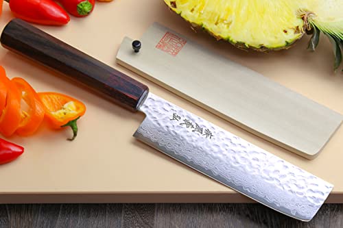 Yoshihiro VG-10 46 Layers Hammered Damascus Nakiri Japanese Vegetable Knife (6.5'' (165mm) Rosewood Handle)