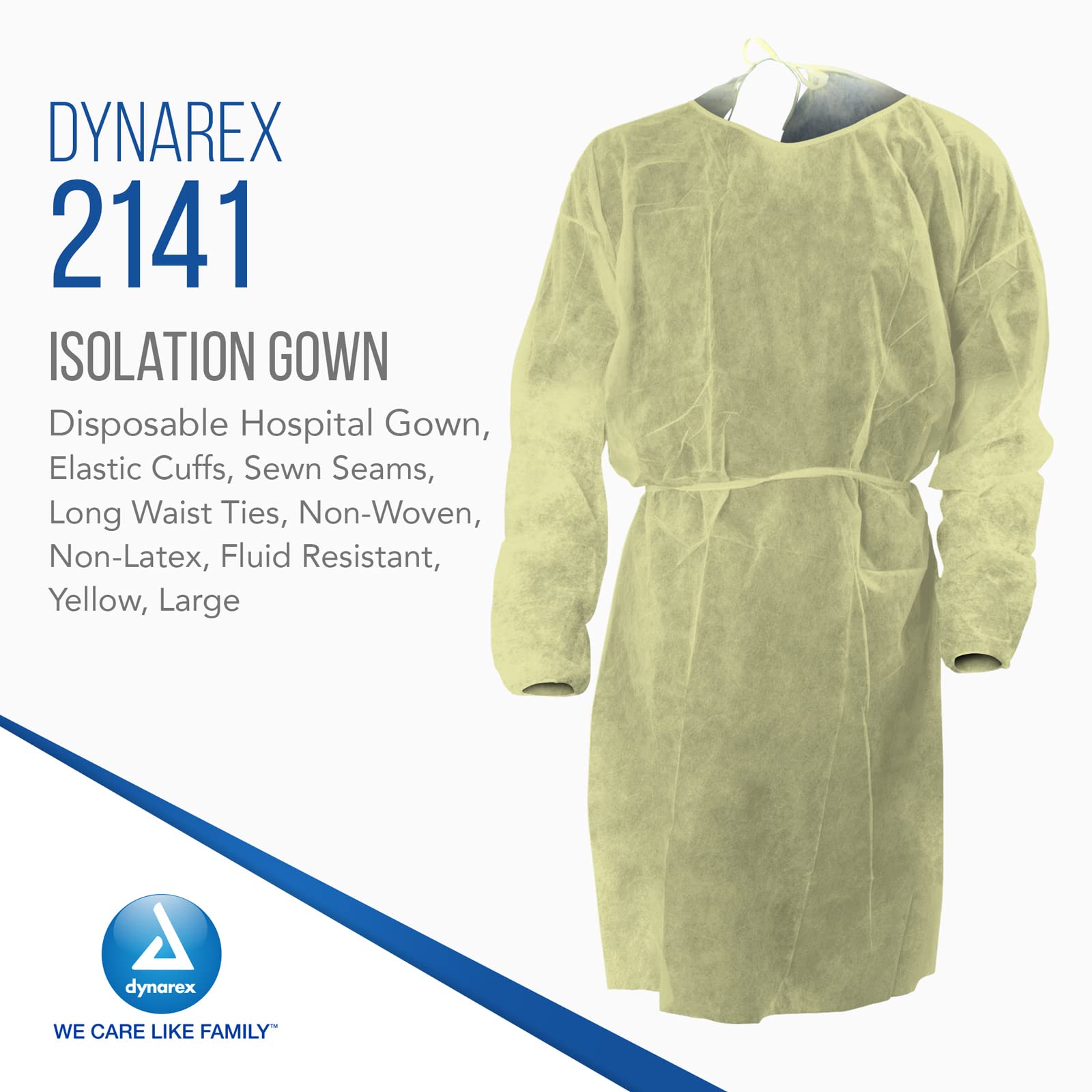 Dynarex Isolation Gowns - Full-Length, Max-Coverage Disposable Gowns - PPE Hospital Gown with Elastic Cuffs, Sewn Seams, Long Waist Ties, No Latex - Yellow, Large, 1 Case - 10 Bags of 5