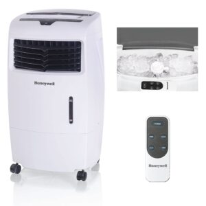 honeywell 500 cfm indoor portable evaporative cooler for rooms up to 300 sq. ft. with fan & humidifier, carbon dust filter & remote control