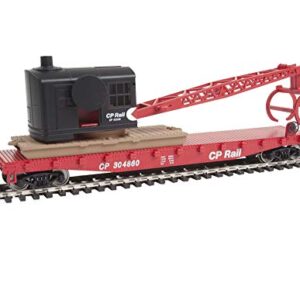 Walthers Trainline HO Scale Model Flatcar with Logging Crane - Canadian Pacific 304860, Red, Black, Multimark Logo