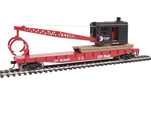 Walthers Trainline HO Scale Model Flatcar with Logging Crane - Canadian Pacific 304860, Red, Black, Multimark Logo