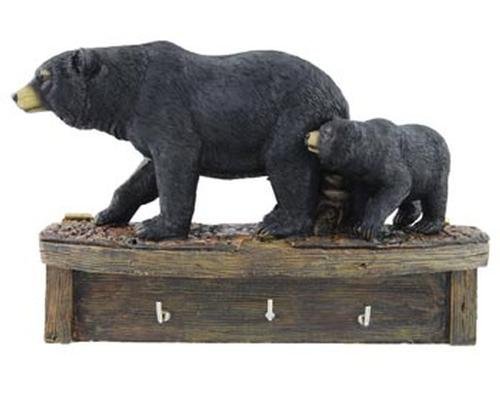 Black Bear Family Cub Keyholder Rack Hook Sculpture, Wall Mounted, 8-inch