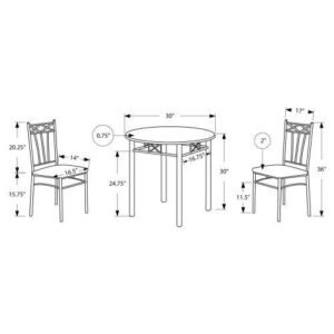 Monarch Specialties 3075 Table, 3pcs, Small, 30" Round, Kitchen, Metal, Laminate, Brown, Grey, Transitional Dining Set, 30" L x 30" W x 30" H, Silver