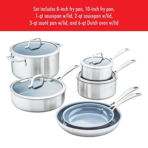 ZWILLING Spirit 3-ply 10-pc Stainless Steel Ceramic Nonstick Pots and Pans Set, Dutch Oven, Fry Pan