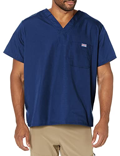 Cherokee V-Neck Men's Scrub Top with Chest Pocket, Durable, Fade Resistant and Easy Care 4789, L, Navy