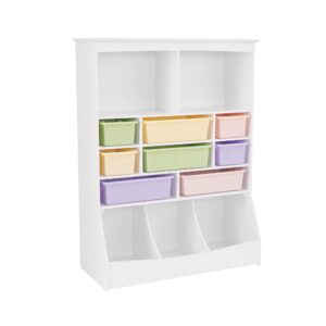 kidkraft wooden wall storage unit with 8 plastic bins and 13 compartments - white, gift for ages 3+