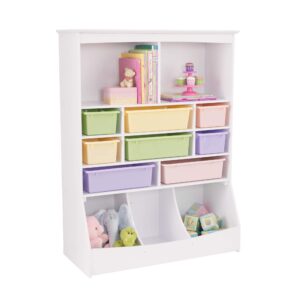 KidKraft Wooden Wall Storage Unit with 8 Plastic Bins and 13 Compartments - White, Gift for Ages 3+