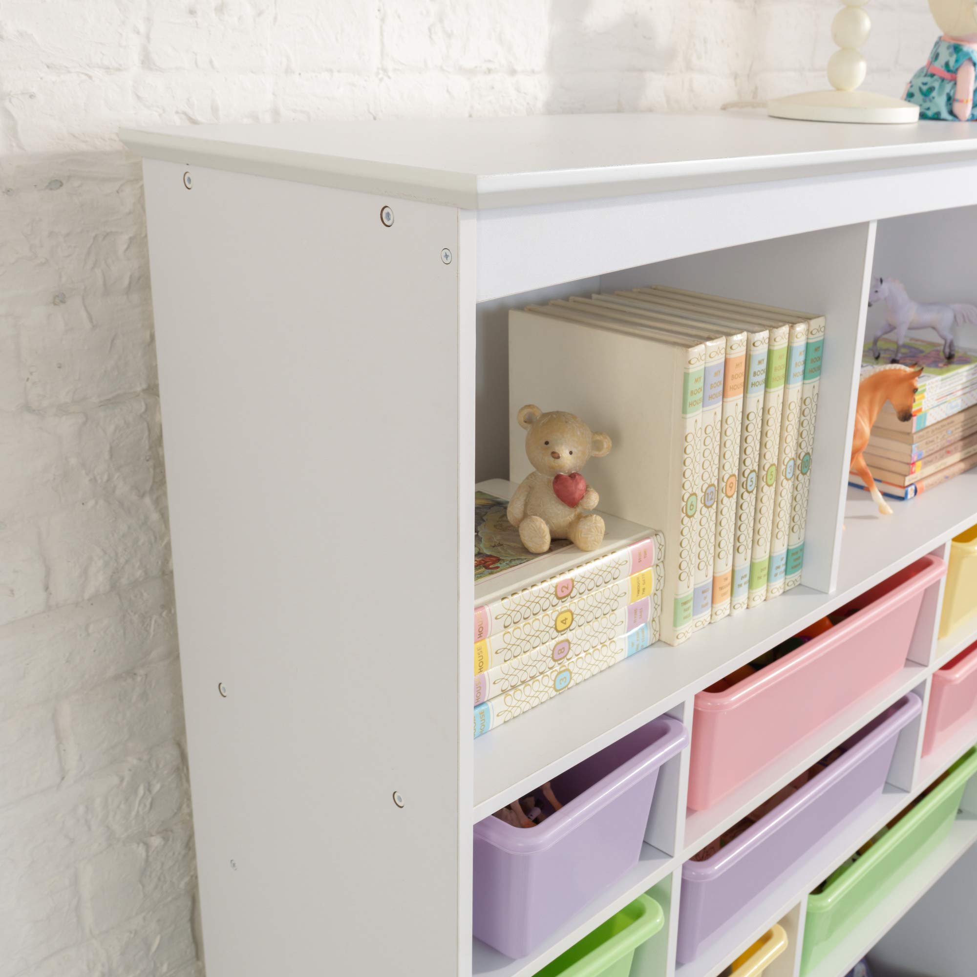 KidKraft Wooden Wall Storage Unit with 8 Plastic Bins and 13 Compartments - White, Gift for Ages 3+