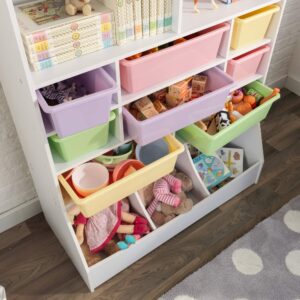 KidKraft Wooden Wall Storage Unit with 8 Plastic Bins and 13 Compartments - White, Gift for Ages 3+