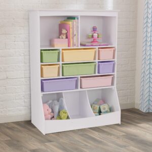 KidKraft Wooden Wall Storage Unit with 8 Plastic Bins and 13 Compartments - White, Gift for Ages 3+