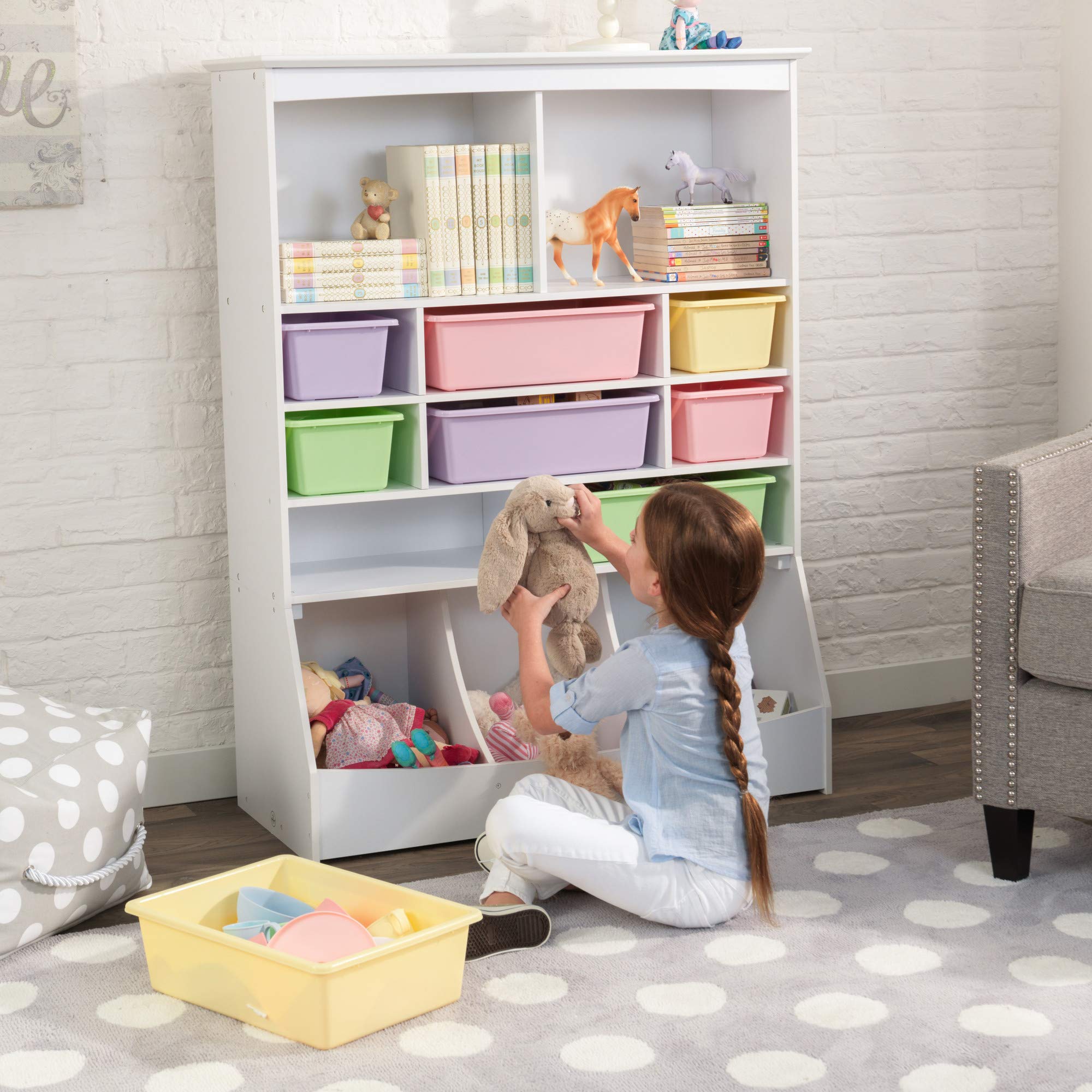 KidKraft Wooden Wall Storage Unit with 8 Plastic Bins and 13 Compartments - White, Gift for Ages 3+