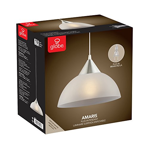 Globe Electric 64413 1-Light Plug-in Pendant, Brushed Steel, Frosted White Shade, 15ft Clear Cord, in-Line On/Off Switch, E26 Base Socket, Kitchen Island, Café, Hanging Light, Home Improvement