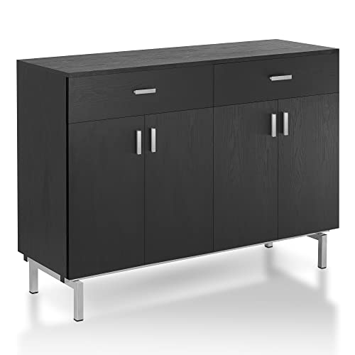 HOMES: Inside + Out Brysin Modern 48 in. Buffet Server, Sideboard with Removable Wine Holder, 2 Drawers On Metal Glides and Two Doors Bottom Cabinet for Kitchen, Dining Room, Large, Black