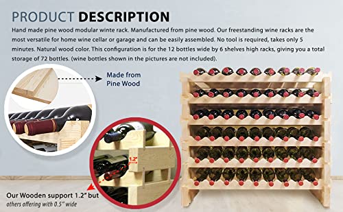 Stackable Modular Wine Rack Wine Storage Rack Holder Display Shelves for Wine Cellar or Basement , Freestanding Wine Rack Thick Wood Wobble-Free (Unfinished, 12 X 6 Rows (72 Slots))