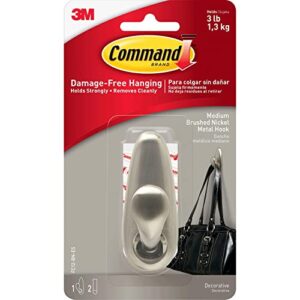 Command FC12BNES Adhesive Mount Metal Hook, Medium, Brushed Nickel Finish, 1 Hook & 2 Strips/Pack