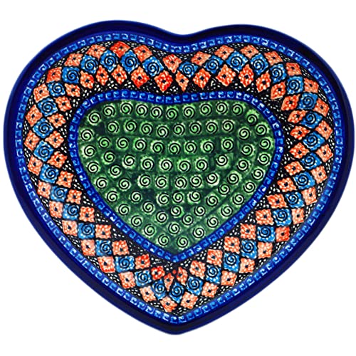 Polish Pottery 10¾-inch Heart Shaped Platter (Harlequin Theme) Signature UNIKAT + Certificate of Authenticity