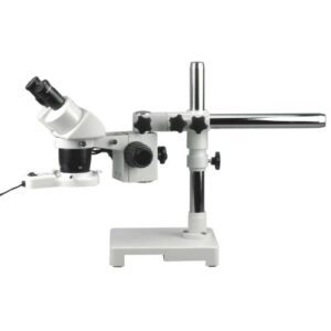 amscope sw-3b13z-frl binocular stereo microscope, wh10x eyepieces, 10x/20x/30x/60x magnification, 1x/3x objective, single-arm boom stand, 8w fluorescent ring light, 110v-120v, includes 2.0x barlow lens