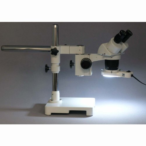 AmScope SW-3B13Z-FRL Binocular Stereo Microscope, WH10x Eyepieces, 10X/20X/30X/60X Magnification, 1X/3X Objective, Single-Arm Boom Stand, 8W Fluorescent Ring Light, 110V-120V, Includes 2.0x Barlow Lens