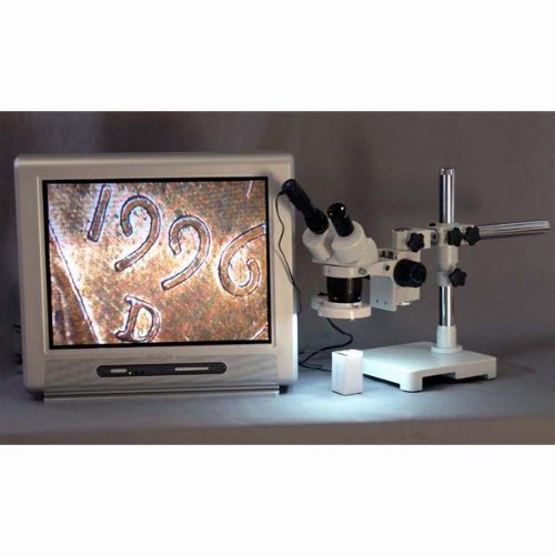 AmScope SW-3B13Z-FRL Binocular Stereo Microscope, WH10x Eyepieces, 10X/20X/30X/60X Magnification, 1X/3X Objective, Single-Arm Boom Stand, 8W Fluorescent Ring Light, 110V-120V, Includes 2.0x Barlow Lens