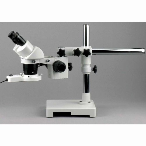 AmScope SW-3B13Z-FRL Binocular Stereo Microscope, WH10x Eyepieces, 10X/20X/30X/60X Magnification, 1X/3X Objective, Single-Arm Boom Stand, 8W Fluorescent Ring Light, 110V-120V, Includes 2.0x Barlow Lens