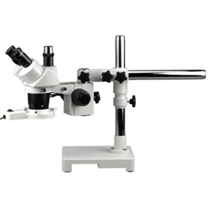 amscope sw-3t24y-frl trinocular stereo microscope, wh10x eyepieces, 20x/30x/40x/60x magnification, 2x/4x objective, single-arm boom stand, 8w fluorescent ring light, 110v-120v, includes 1.5x barlow lens