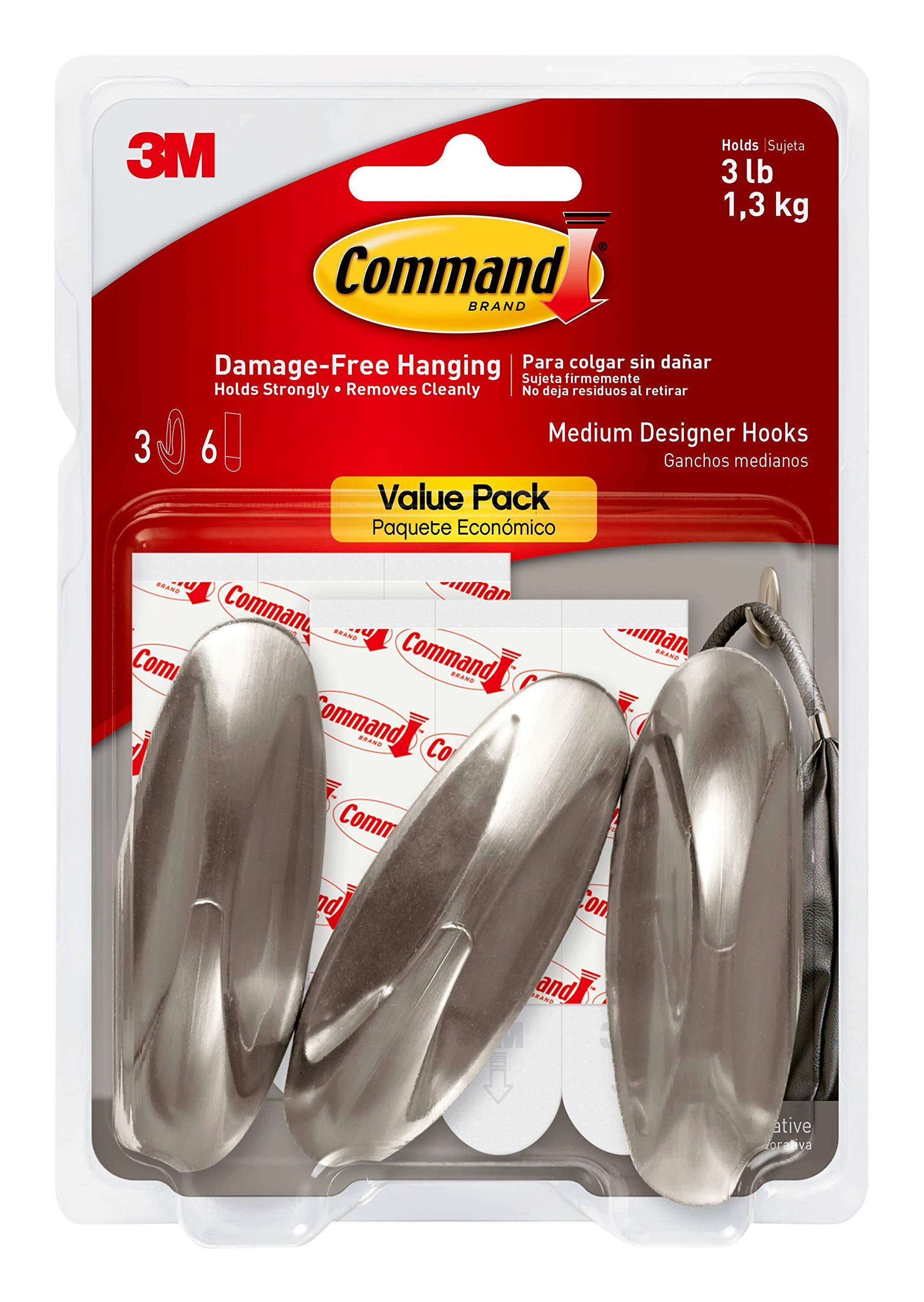 Command Designer Hooks, Medium, Brushed Nickel, 3-Hooks (17081BN-3ES), Great for dorm decor