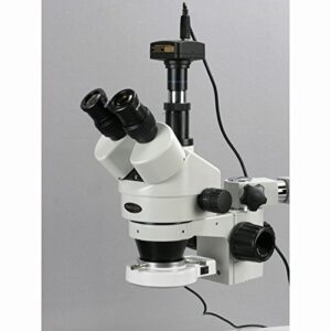 AmScope SM-3T-54S-5M Digital Professional Trinocular Stereo Zoom Microscope, WH10x Eyepieces, 7X-45X Magnification, 0.7X-4.5X Zoom Objective, 54-Bulb LED Light, Single-Arm Boom Stand, 110V-240V, Includes 5MP Camera with Reduction Lens and Software