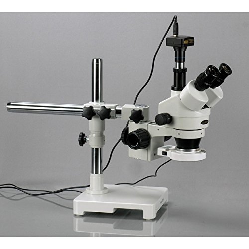 AmScope SM-3T-54S-5M Digital Professional Trinocular Stereo Zoom Microscope, WH10x Eyepieces, 7X-45X Magnification, 0.7X-4.5X Zoom Objective, 54-Bulb LED Light, Single-Arm Boom Stand, 110V-240V, Includes 5MP Camera with Reduction Lens and Software