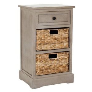 safavieh home collection carrie vintage grey / natural wicker 3-drawer storage nightstand side table (fully assembled)