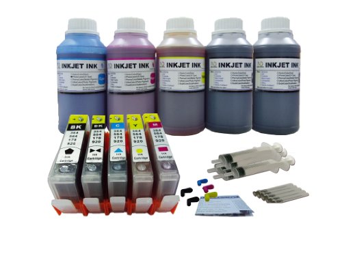 ND Brand 5 Pack US Patent Refillable Ink Cartridges Compatible for HP 564 564XL with Chips + 5x10oz Premium Refill Ink kit. The Item Logo!