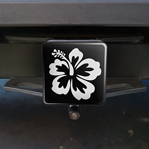 Hibiscus Flower - White On Black Tow Trailer Hitch Cover Plug Insert 2"