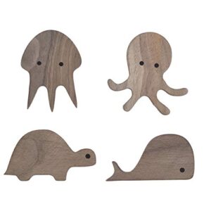 Decorative Ocean Creature Wall Hooks, Set of Four, Solid Walnut Wall Hooks