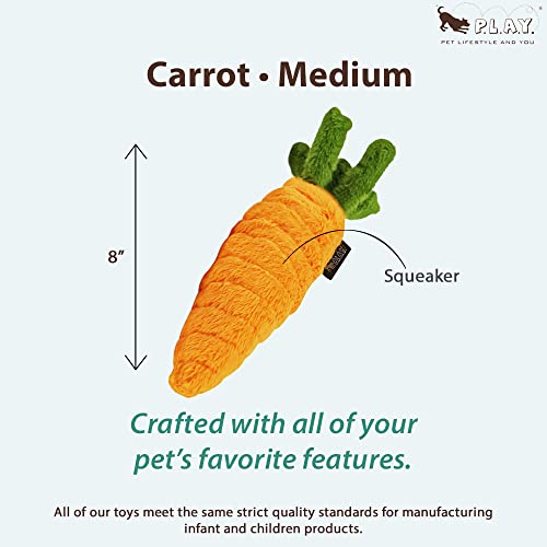 P.L.A.Y. Cute Plush Dog Toys - Fruit & Vegetable Themed Durable Squeaker Chew Toy, Great for Puppies & Small, Medium, Large Dogs - Machine Washable, Recycled Materials (Garden Fresh Carrot, Medium)