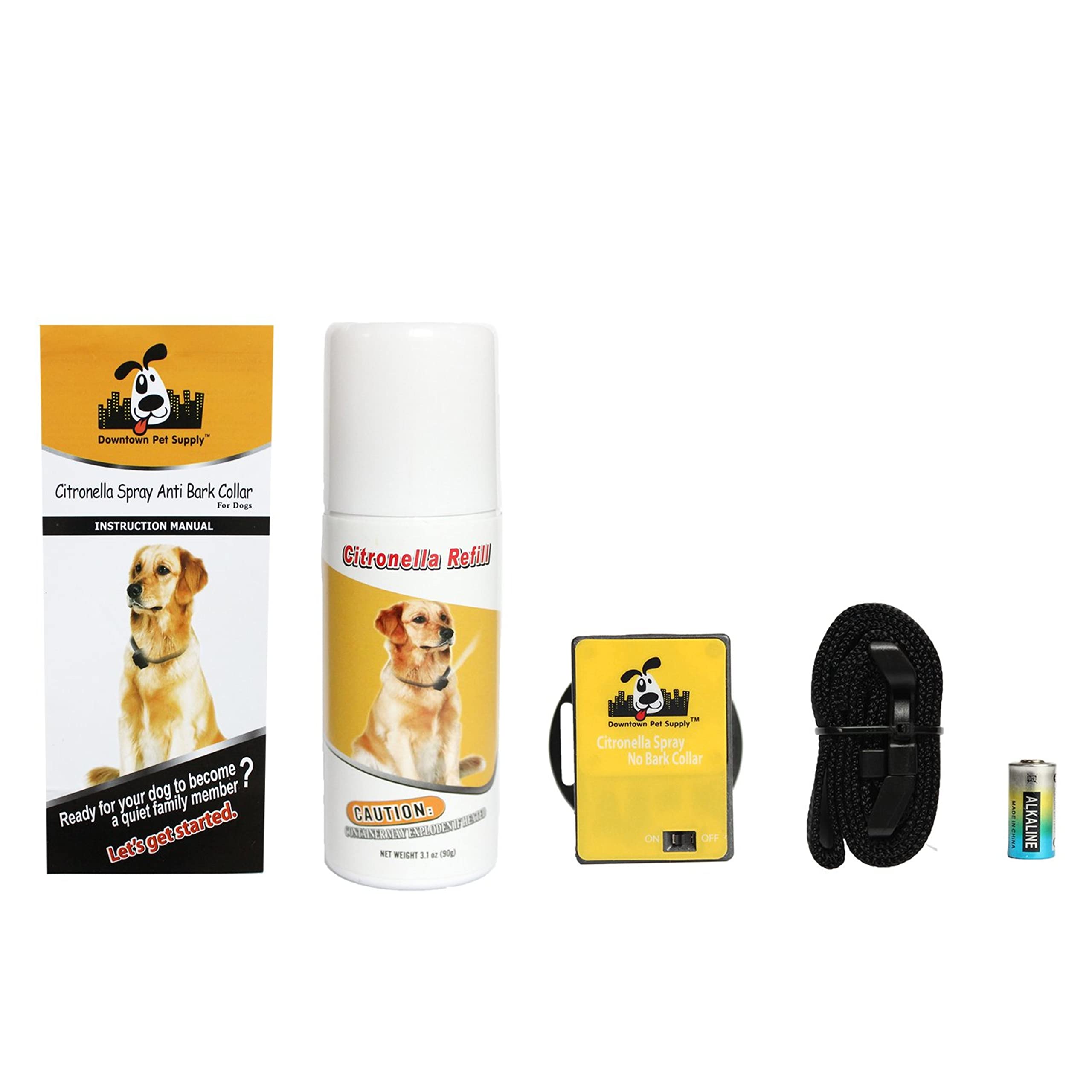 Downtown Pet Supply - Citronella Dog Collar - Humane No Bark Collar Set with Citronella Spray - No-Shock - Collar, Spray Device, Citronella Spray Refill, Battery & Manual - 1 Pack