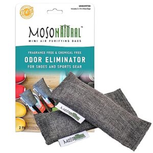 moso natural shoe odor absorbers. a scent free odor eliminator for shoes, gym bags and sports gear. premium moso bamboo charcoal air purifying bag and deodorizer (one pack of two 75g bags)