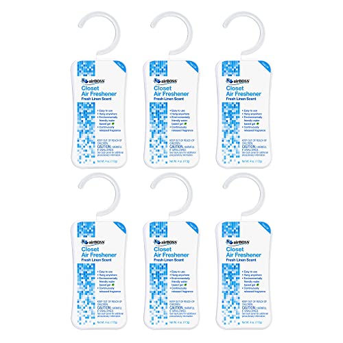 airBOSS Closet Air Freshener, Continuously Releases Fragrance, Fresh Linen, 4 Oz Hanger (Pack of 6)