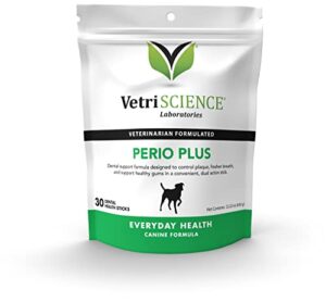 vetriscience perio plus for dogs, chicken liver, 30 stix - fresh breath, gums and plaque control - crunchy outside, soft inside, green (090019a.030)